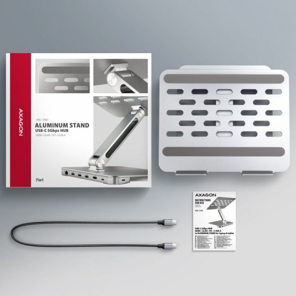 HMC-STND Stojak z wieloportowy hub Aluminiowy 7in1, 5Gbps, do 10&quot;-16&quot; cali laptopów, nastawny, 3x USB-A, HDMI 4K/60Hz,