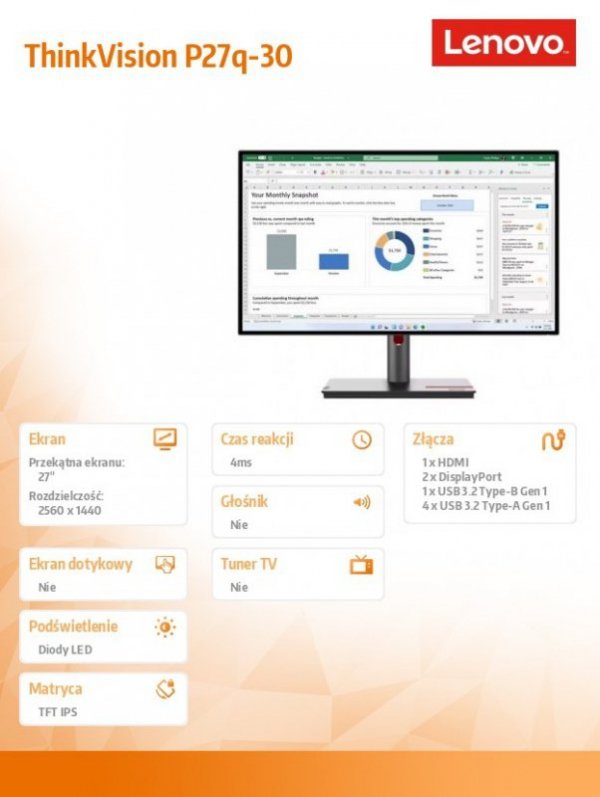 Monitor 27 cali ThinkVision P27q-30 WLED LCD 63A2GAT1EU