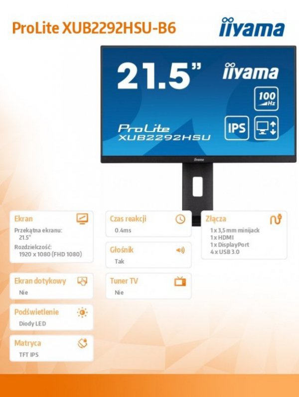 Monitor 21.5 cala XUB2292HSU-B6 IPS,100Hz,FreeSync,PIVOT,0.4ms,HDMI,  DP,4xUSB(3.2),2x2W,HAS(150mm)