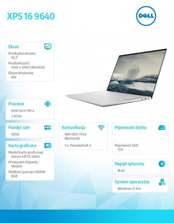 Notebook XPS 16 9640/Ultra 7 155H/32GB/1TB SSD/16.3 FHD+/GeForce RTX 4060/WLAN + BT/Backlit Kb/6 Cell/W11Pro