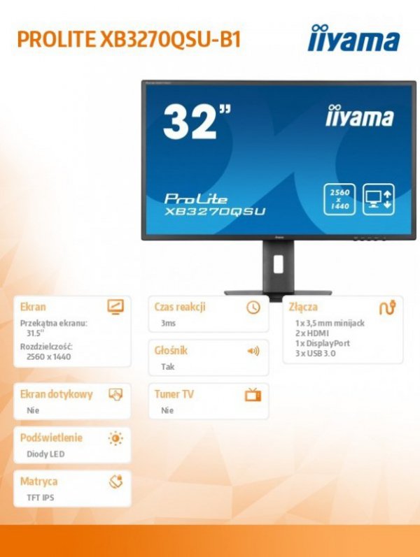 Monitor 32 cale XB3270QSU-B1 IPS,WQHD,HDMI,DP,100Hz,250cd,3ms,2x2W,  3xUSB(3.2),FlickerFree,VESA,HAS(150mm)