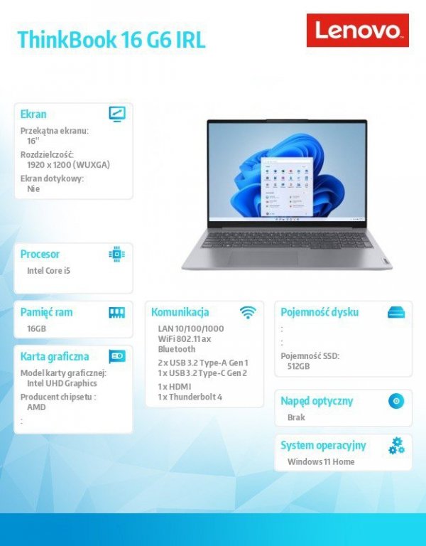 Notebook ThinkBook 16 G6 21KH00VYPB W11Home i5-13420H/16GB/512GB/INT/16.0 WUXGA/Arctic Grey/3YRS OS + CO2 Offset