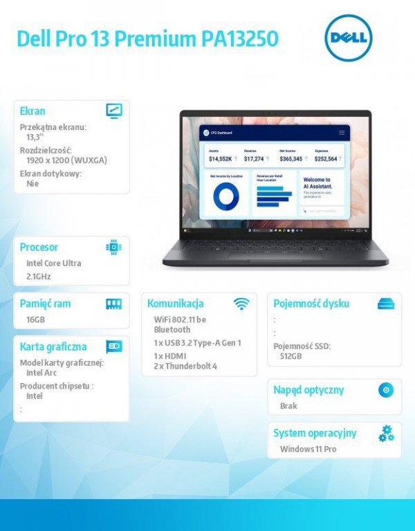 Laptop Dell Pro 13 Premium PA13250 Win11Pro Ultra 5 236V/16GB/512GB SSD G4/13.3 FHD+/Arc/FgrPr/Cams&Mic/WLAN+BT/BcklKb/3C/vPro/3