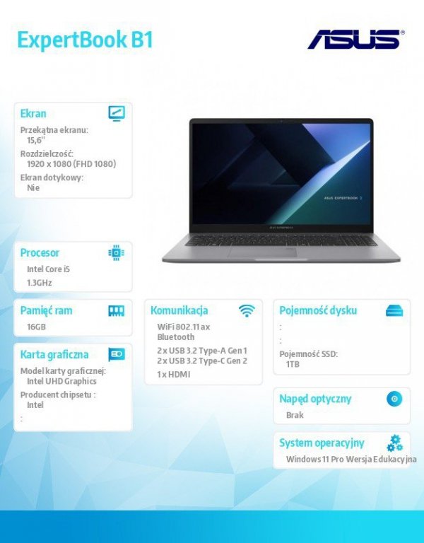 Notebook ExpertBook B1 B1503CVA-S72592XA - i5-1334U/16GB/1TB/15.6 FHD/Win 11 PRO - EDU/3YRS