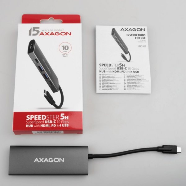HMC-5G21 Wieloportowy hub USB 5in1, 10Gbps, 2x USB-A + 2x USB-C + HDMI 4K/30Hz, PD 60W, 13cm USB-C kabel