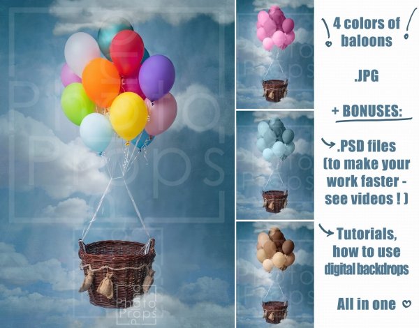 Tło cyfrowe balony 4 KOLORY + pliki PSD + TUTORIAL / Newborn digital backdrop