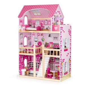 Drewniany domek dla lalek mebelki oświetlenie LED ECOTOYS