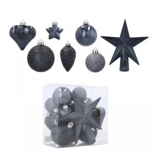 Komplet 19 Bombek Choinkowych Kamai Christmas Decoration® - Kolor Antracyt z Gwiazdą na Czubek