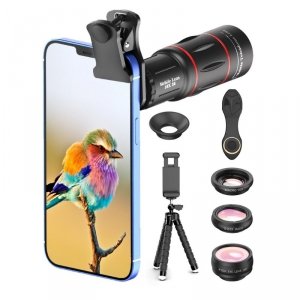 Zestaw obiektywów Apexel 6w1 ∙ teleobiektyw 18x ∙ makro 15x ∙ rybie oko 198° ∙ szerokokątny 0,63x ∙ statyw ∙ wyzwalacz Bluetooth