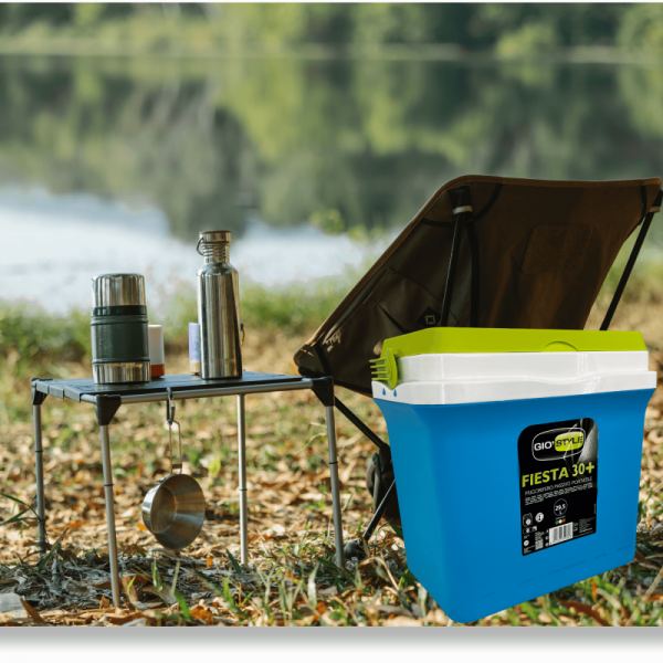 Lodówka turystyczna 22,5L KAMAI FIESTA na wkłady mrożące, błękitna z zieloną pokrywą i uchwytem