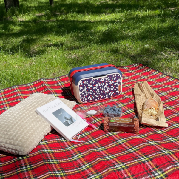 Mini lodówka turystyczna 5L KAMAI EDA wzór kwiat wiśni, lunchox na wkłady mrożące -  waniliowy korpus, czerwona rączka, błękitna