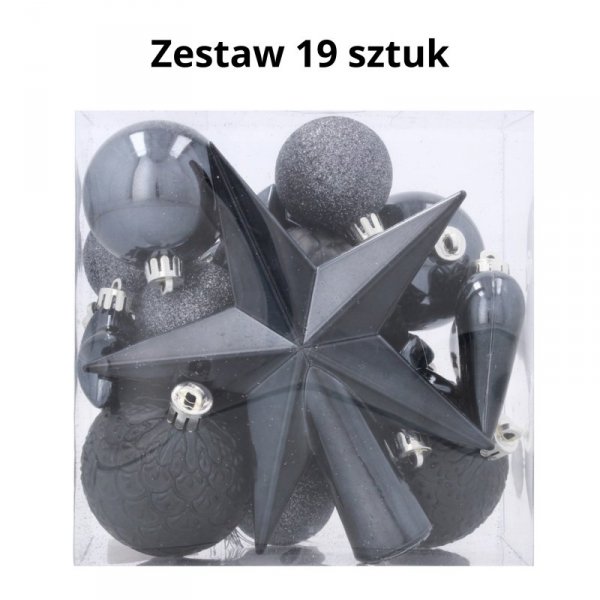 Komplet 19 Bombek Choinkowych Kamai Christmas Decoration® - Kolor Antracyt z Gwiazdą na Czubek