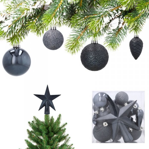 Komplet 19 Bombek Choinkowych Kamai Christmas Decoration® - Kolor Antracyt z Gwiazdą na Czubek