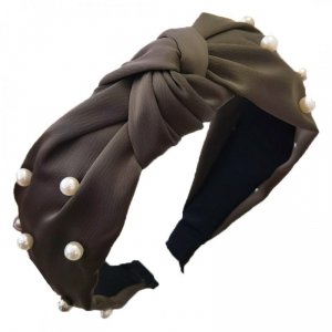Opaska turban z materiału gruba perełki khaki O227BR