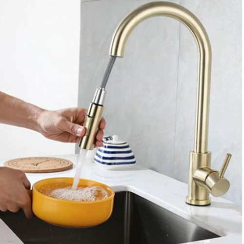 BATERIA KUCHENNA SZCZOTKOWANE ZŁOTO WYSOKA Z WYCIĄGANĄ WYLEWKĄ OBROTOWA PRO  (tds0738)