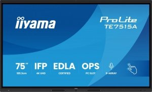 IIYAMA Monitor interaktywny 75 cali TE7515A-B2AG, VA,4K,40pkt,550cd,DeepContrast-IR+,    HDMI x2,DP,USB-C, 2 x 20W, OPS Slot x1,