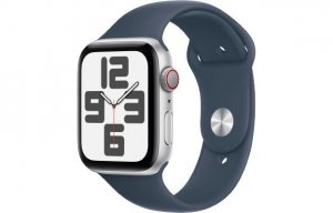 Apple Watch SE GPS + Cellular, 44mm Koperta z aluminium w kolorze srebrnym z paskiem sportowym w kolorze sztormowego błękitu - S