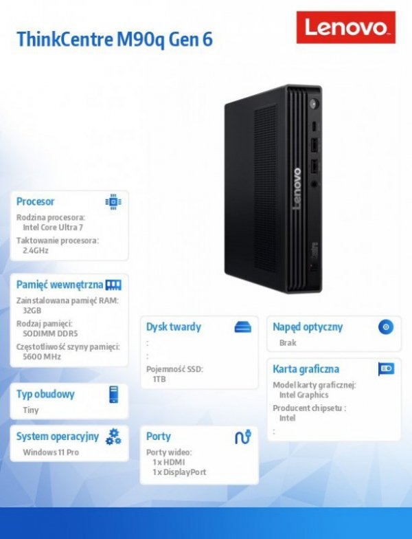 Lenovo Komputer ThinkCentre M90q Tiny G6 13AC000EPB W11Pro Ultra 7 265/2x16GB/1TB/INT/vPro/Black/3YRS OS + 1 YR Premier