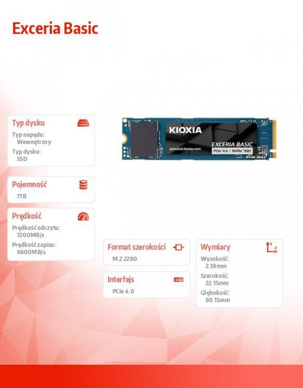 Kioxia Dysk SSD Exceria Basic 1TB NVMe PCIe 4.0 7200/6600