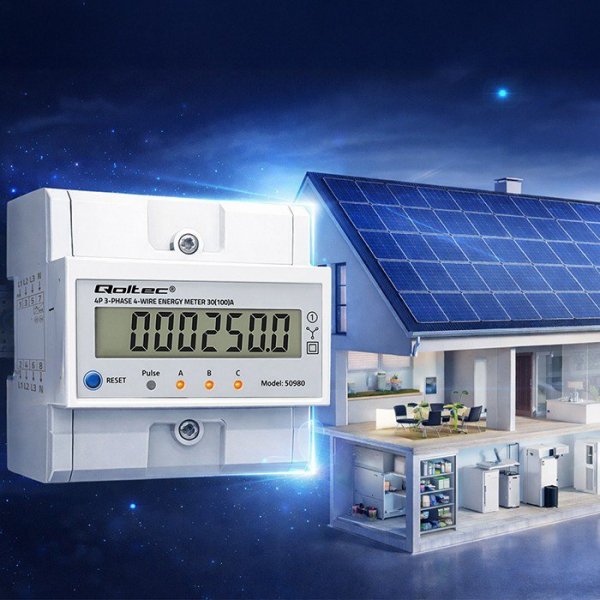 Qoltec Trójfazowy elektroniczny licznik z resetem | miernik zużycia energii na szynę DIN | 400V | 100A | LCD | LED | 4P