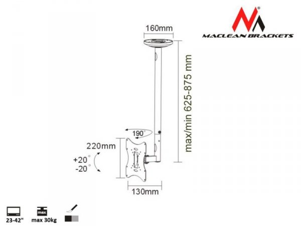 Maclean Uchwyt do telewizora sufitowy 23-42 cale 50 - 85 cm 30kg MC-504A B TV Czarny