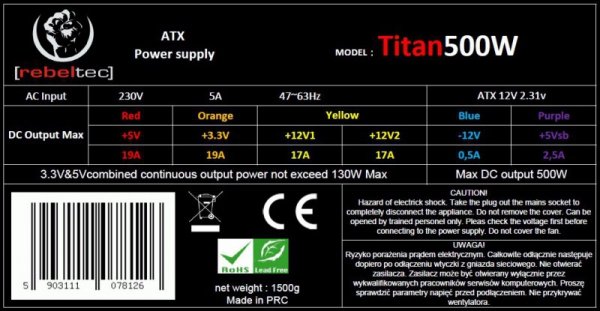 Rebeltec Zasilacz uniwersalny komputerowy ATX ver. 2.31 TITAN 500