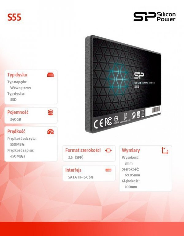 Silicon Power Dysk SSD Slim S55 240GB 2,5&quot; SATA3 460/450 MB/s 7mm