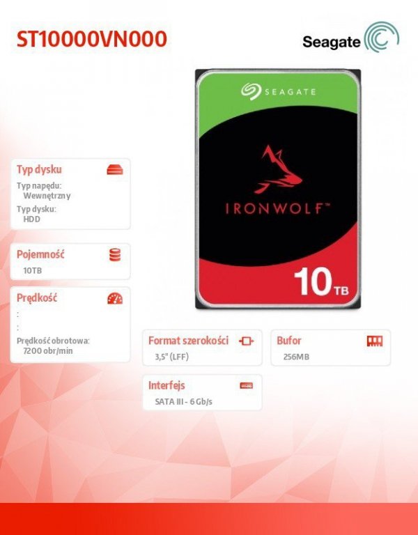 Seagate Dysk IronWolf 10TB 3,5 256MB ST10000VN000