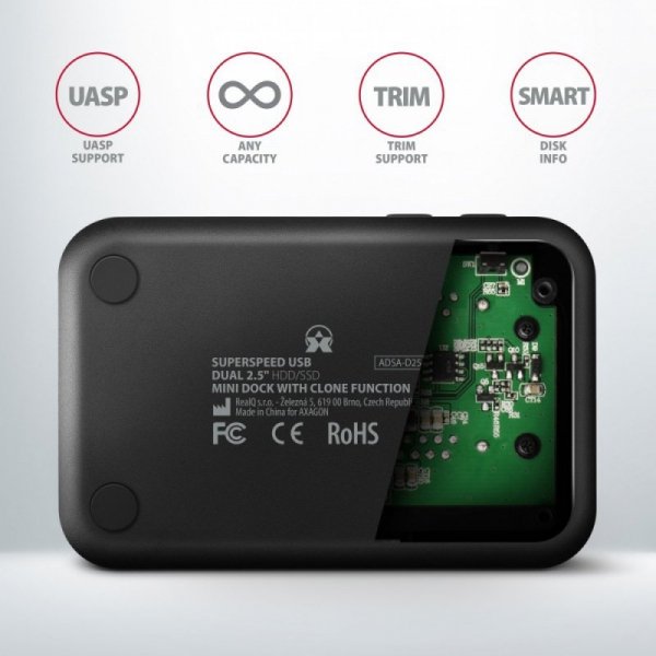 AXAGON ADSA-D25 MINI stacja dokująca USB 3.2 Gen 1 - 2x SATA 6G 2.5&quot; SSD/HDD CLONE