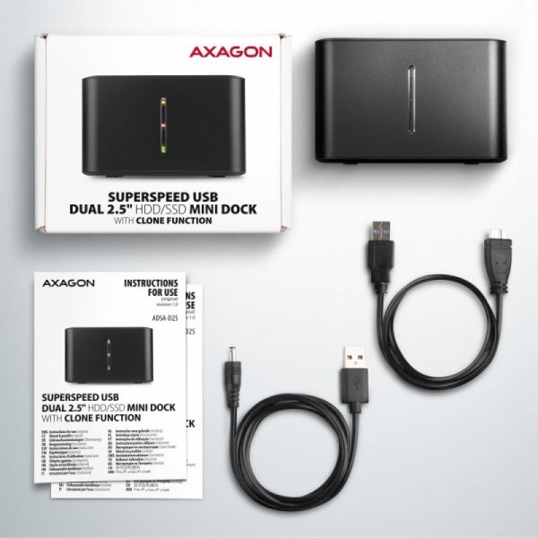 AXAGON ADSA-D25 MINI stacja dokująca USB 3.2 Gen 1 - 2x SATA 6G 2.5&quot; SSD/HDD CLONE