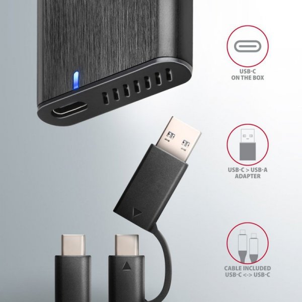 AXAGON EEM2-SB2 Obudowa zewnętrzna aluminiowa bezśrubowa USB-C 3.2 Gen 2 - M.2 NVMe / SATA SSD 30-80mm ALU pudełko czarne + USB-