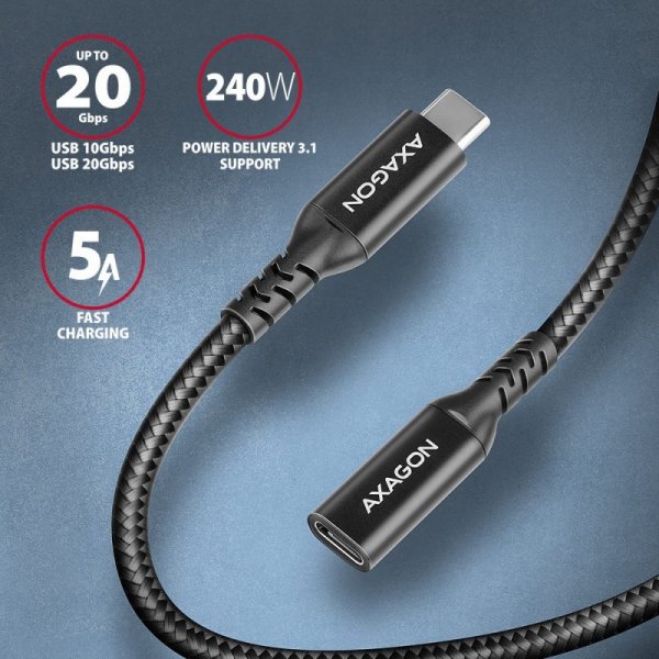 AXAGON BUCM32-CF15AB Kabel przedłużacz Gen2 USB-C - USB-C 1.5m, 5A, 20Gbps, PD 240W, oplot, czarny