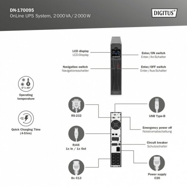 Digitus Zasilacz awaryjny UPS Online Rack 19&quot; LCD, 2000VA/2000W, 4x12V/9Ah, 8xC13, USB, RS232, RJ45