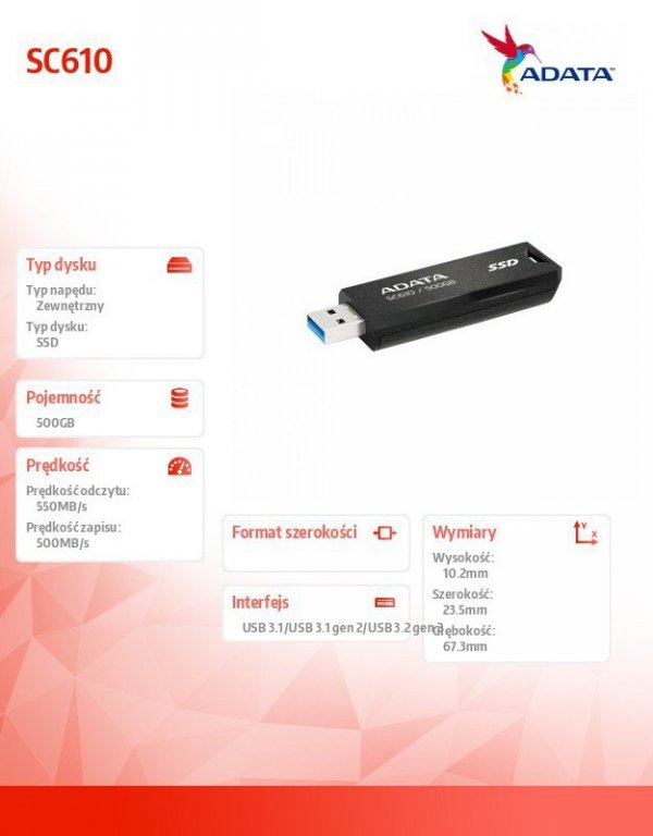 Adata Dysk SSD zewnętrzny SC610 500GB USB3.2A Gen2 czarny