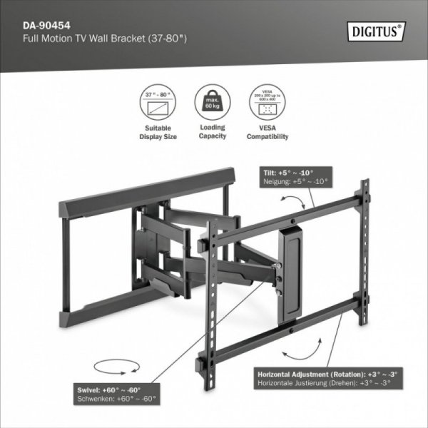 Digitus Uchwyt ścienny do TV 37-80&quot; max. obciążenie 60kg, VESA max. 600x400 z regulacją w pionie i poziomie