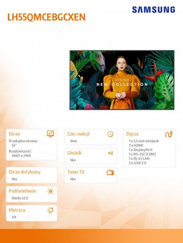 Samsung Monitor profesjonalny QM55C 55 cali Matowy 24h/7 500(cd/m2) 3840 x 2160 (UHD) S10 Player (Tizen 7) WiFi/BT 3 lata On-Sit