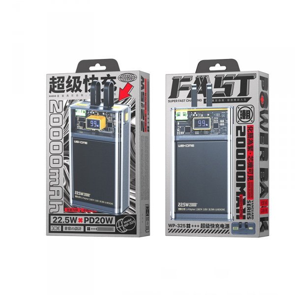WEKOME Power bank WP-325 Vanguard Series - 20000 mAh Super Charging z wbudowanym kablem USB-C & Lightning PD 20W + QC 22.5W (Cza
