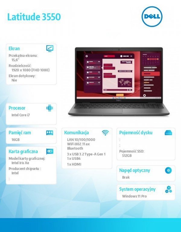 Dell Laptop Latitude 3550 Win11Pro i7-1355U/16GB/512GB SSD Gen4/15.6 FHD/Integrated/FgrPr/FHD/IR Cam/Mic/WLAN + BT/Backlit Kb/3 