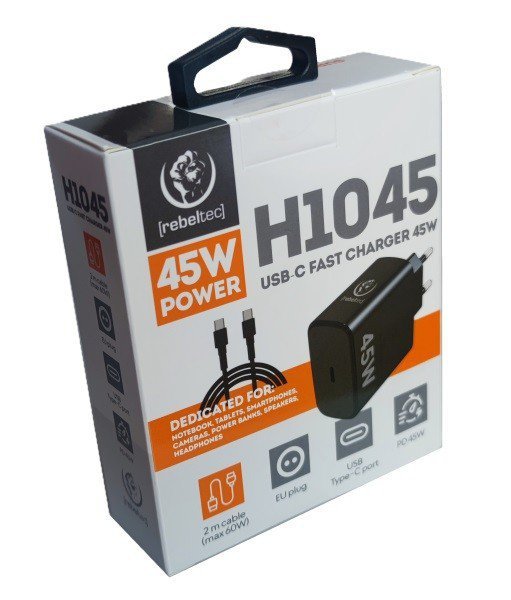 Rebeltec Zasilacz PD45W USB-C uniwersalny do notebooków, smartphonów, tabletów, power banków i innych urządzeń z gniazdem zasila