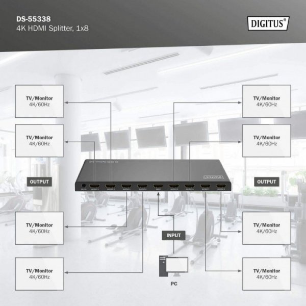 Digitus Rozdzielacz/Splitter HDMI 1x8, 4K/60Hz UHD z HDR, 18 Gbps, HDCP 2.2, EDID