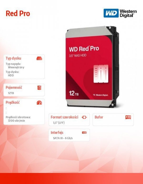 Western Digital Dysk HDD Red Pro 12TB 3,5 256MB SATAIII WD122KFBX