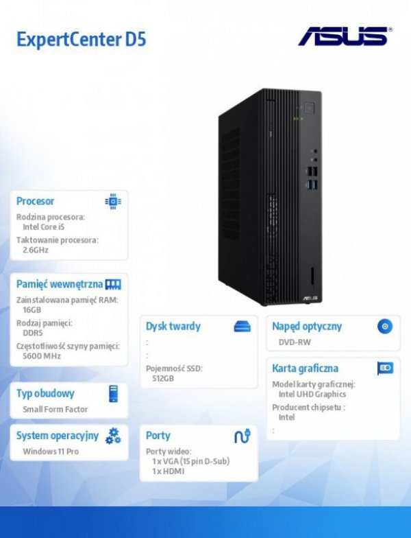 Asus Komputer ExpertCenter D5 D501SER-514500083X i5-14500 16GB/512GB/W11 PRO
