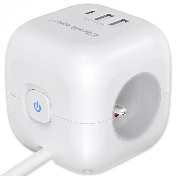 Qoltec Kostka zasilająca przedłużacz 6w1 z podświetlanym włącznikiem |  3x AC | 2x USB | 1x USB-C PD 20W | biała | kabel 2m