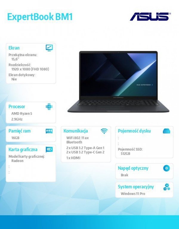 Asus Notebook ExpertBook BM1 BMBM1503CDA-S70065X- R5 7535U/16GB/512GB/15.6 FHD/Win 11 PRO/3YRS