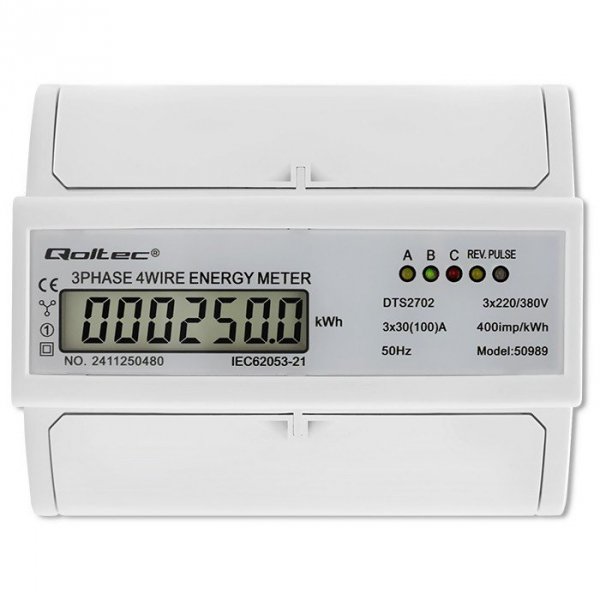 Qoltec Trójfazowy dwukierunkowy elektroniczny licznik | miernik zużycia energii na szynę DIN | 400V | 100A | LCD | 4P