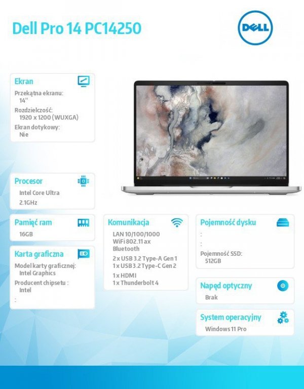 Dell Laptop Dell Pro 14 PC14250 W11P U7 265U/16GB/512GB/14.0 FHD+/INT/FgrPr/FHD/IRCam/Mic/WLAN+BT/BcklKb/3C/vPro/3YPS Platinum