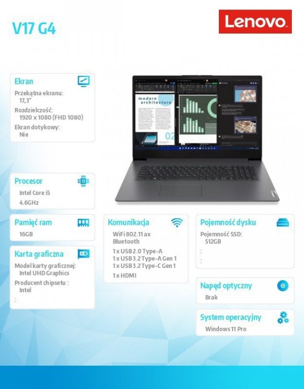 Lenovo Laptop V17 G4 83A2003WPB W11Pro i5-13420H/8GB+8GB/512GB/INT/17.3 FHD/iron Grey/3YRS OS