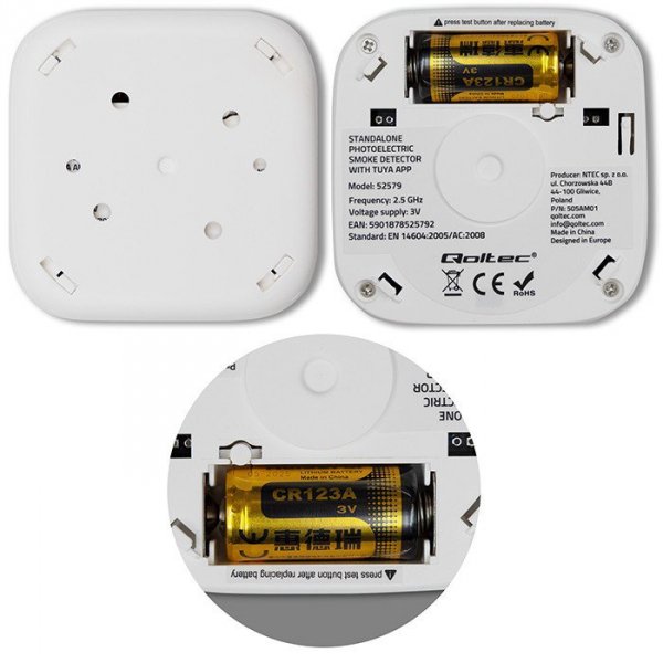 Qoltec Czujnik dymu z baterią | Tuya | Wi-Fi | alarm 85dB | LED