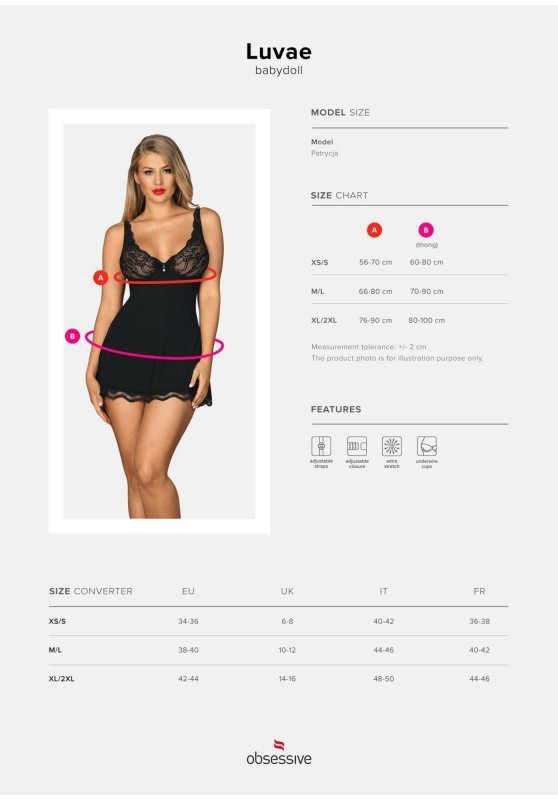 Bielizna-Luvae babydoll i stringi Czarny  XS/S