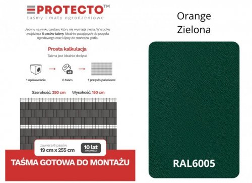 Taśma ogrodzeniowa PASKI 6 x 2,55mb ORANGE 19cm PROTECTO™ ZIELONA + 12 klipsów GRATIS